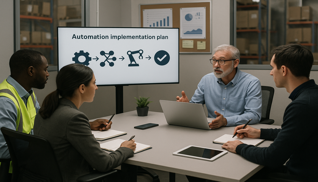 Business team meeting discussing automation implementation plan for order processing efficiency