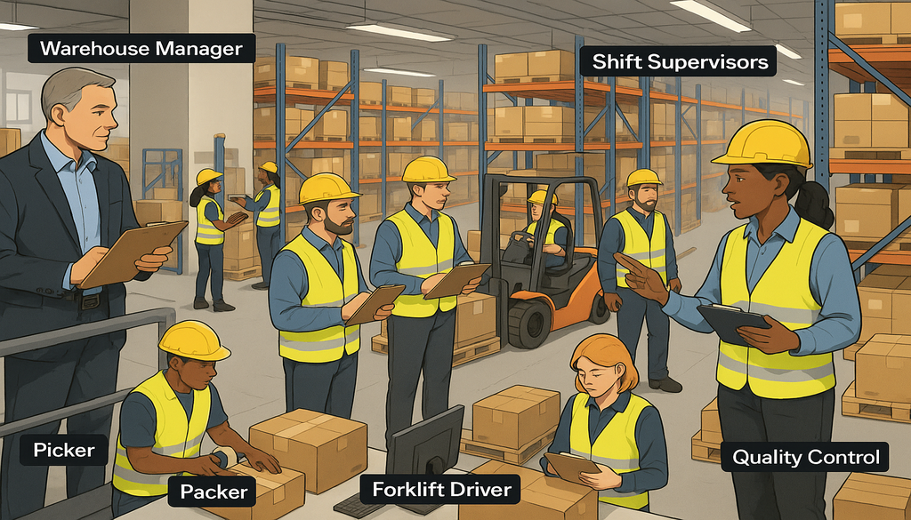 Warehouse organization chart showing manager, supervisors, forklift driver, picker, packer and quality control roles