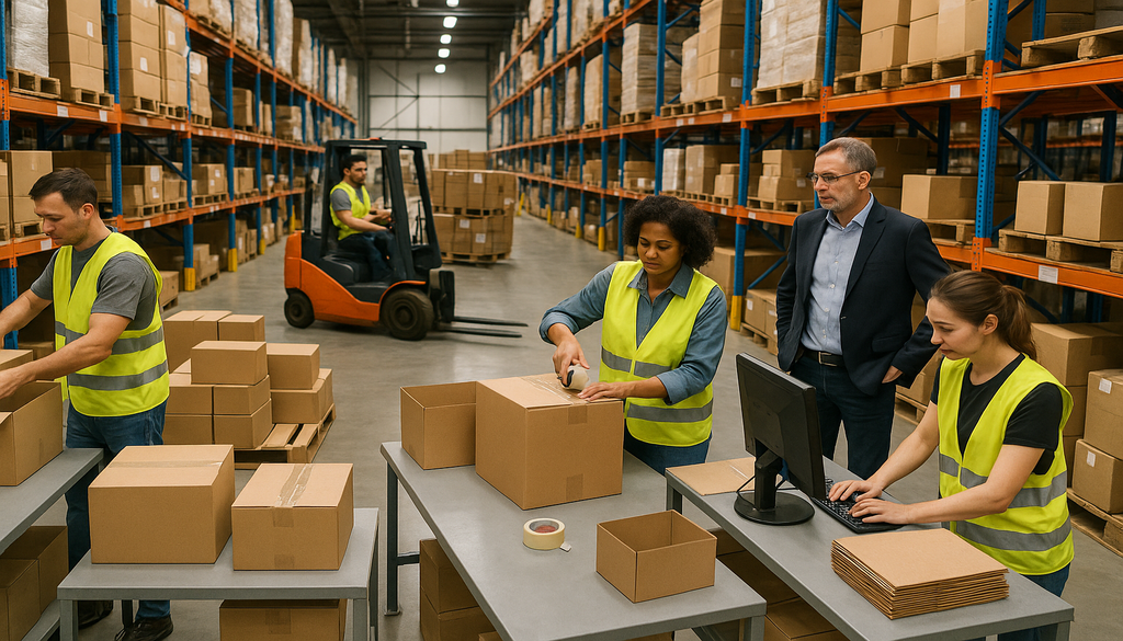 Warehouse workers in safety vests packing boxes while manager oversees operations