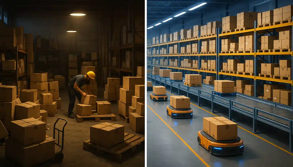 Traditional warehouse worker versus automated robots handling boxes in modern 3PL facility