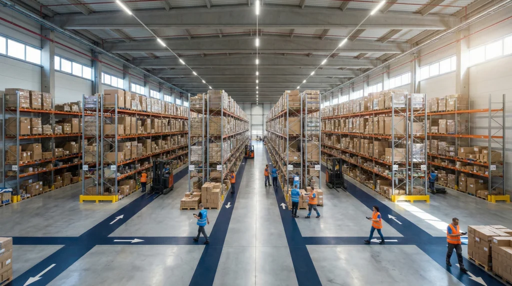 Warehouse with workers and shelves, edi 214 specifications
