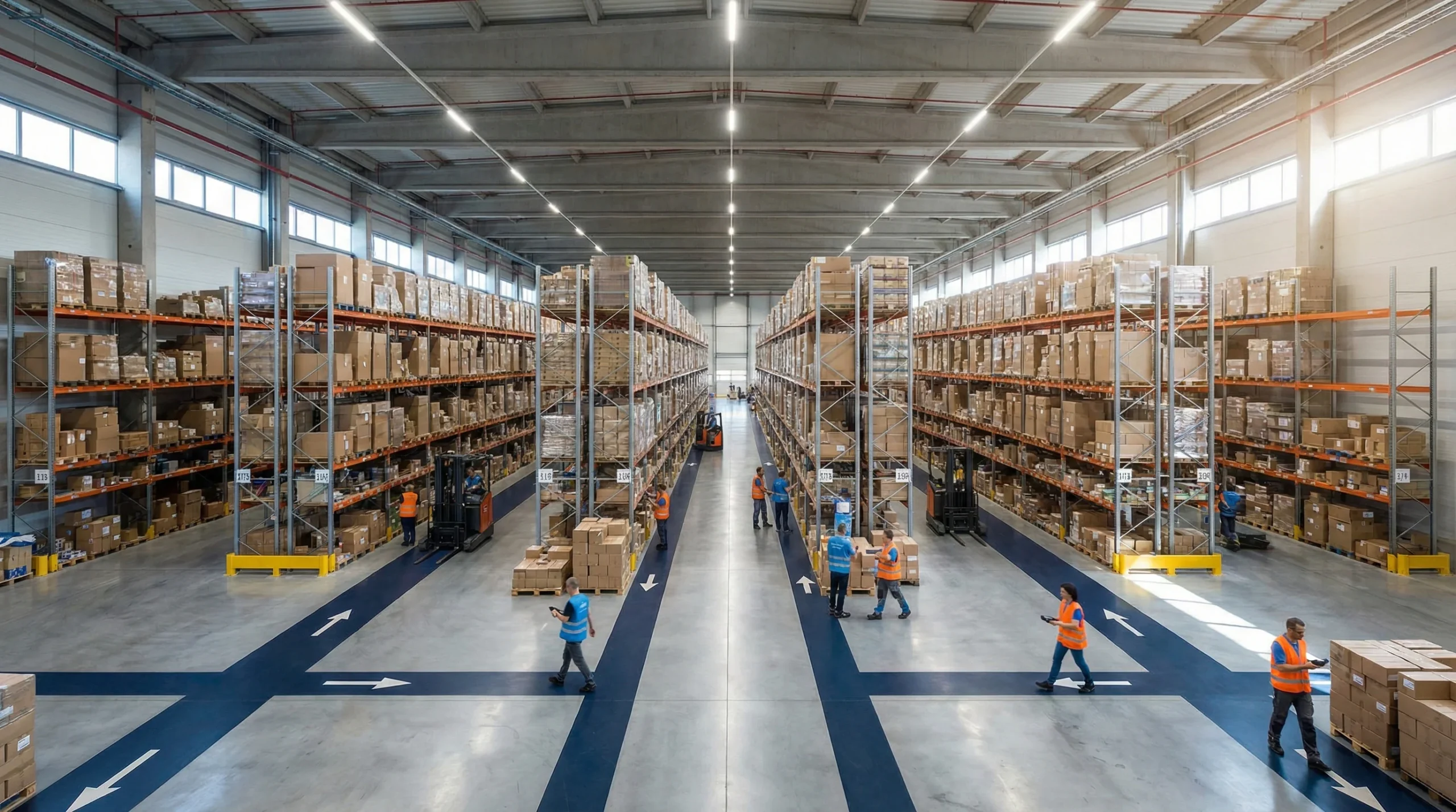 Warehouse with workers and shelves, edi 214 specifications
