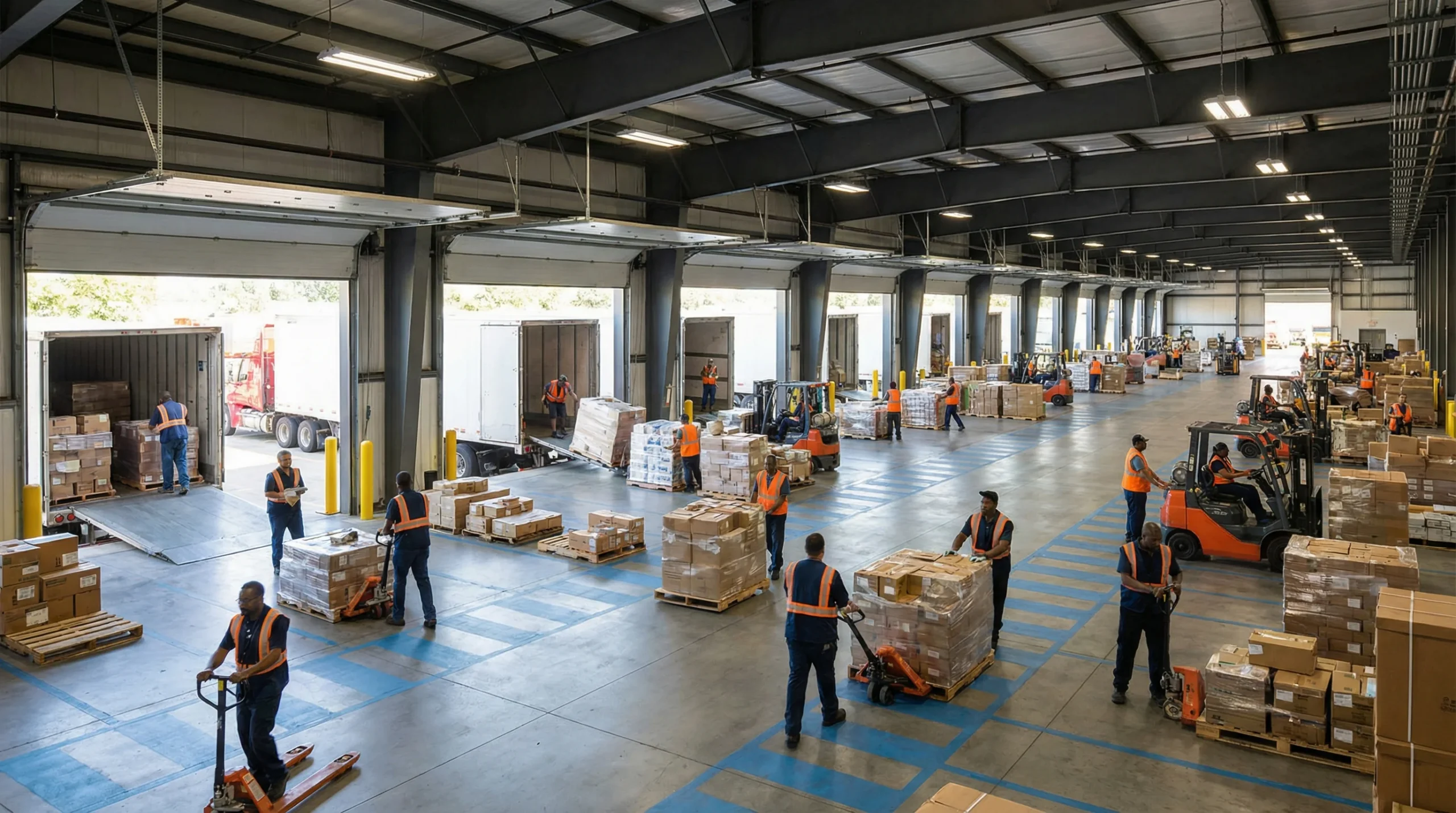 Wide shot of distribution center operations