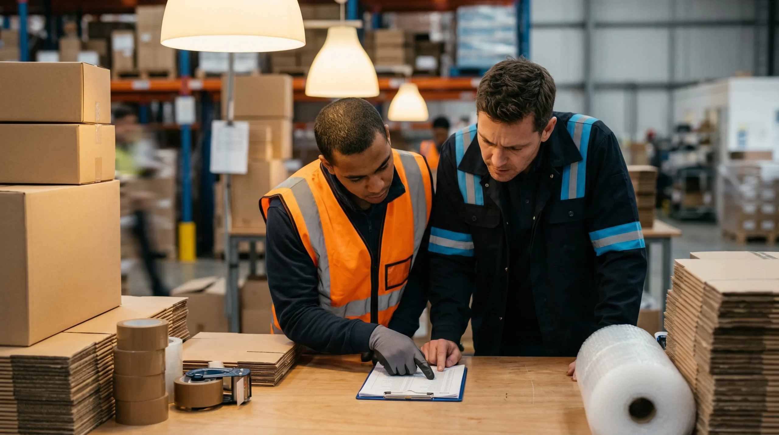 Warehouse workers reviewing pick list