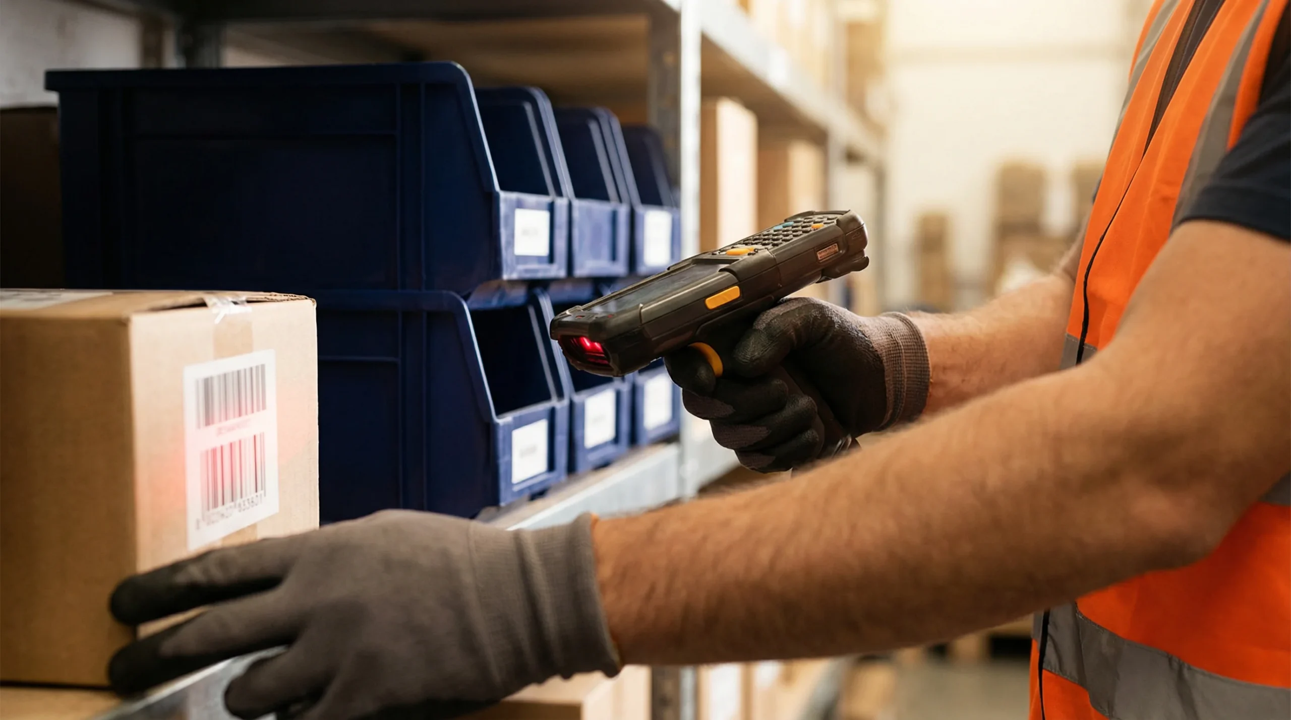 Warehouse worker scanning barcode on package.