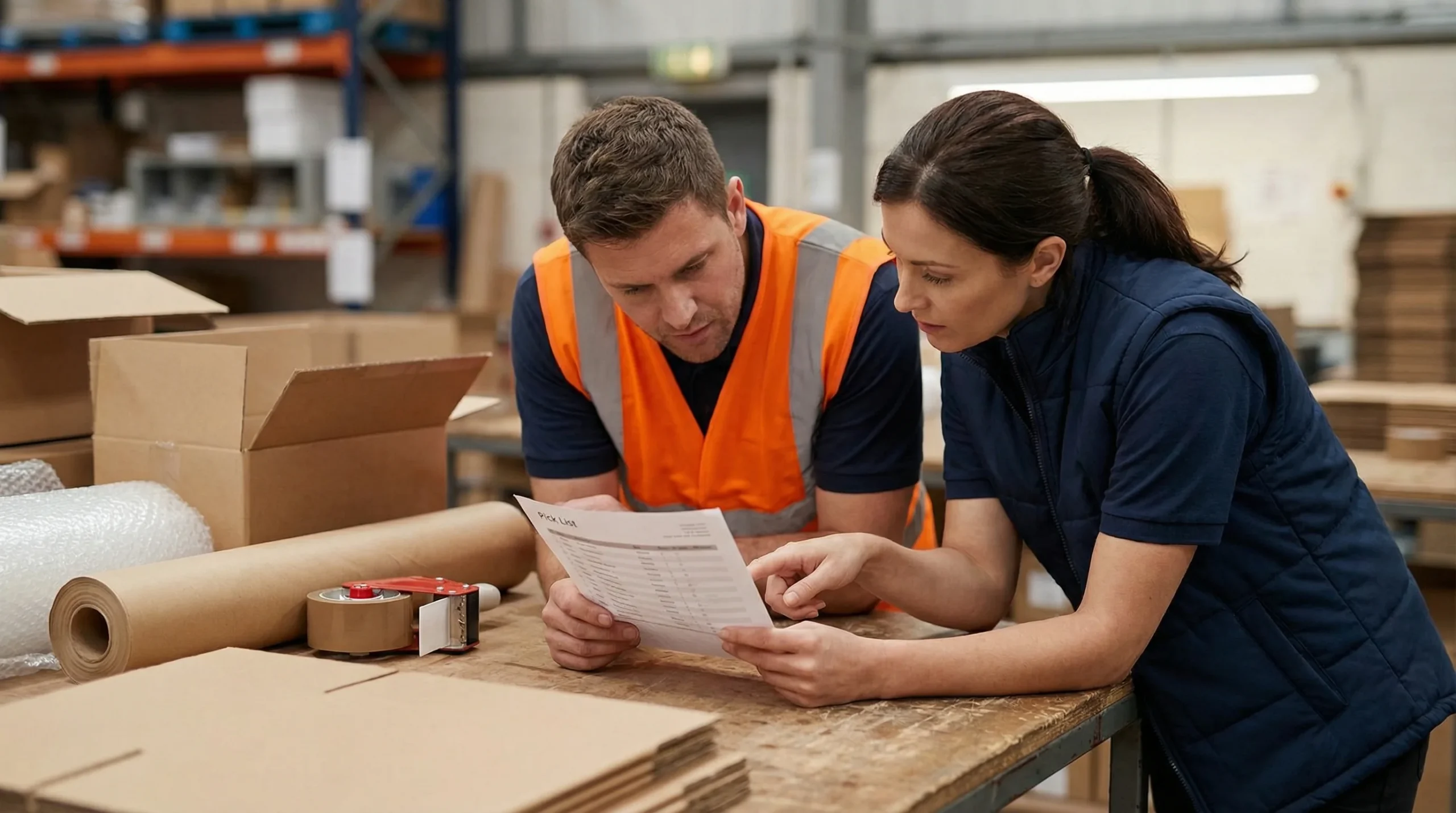 Workers reviewing pick list at table