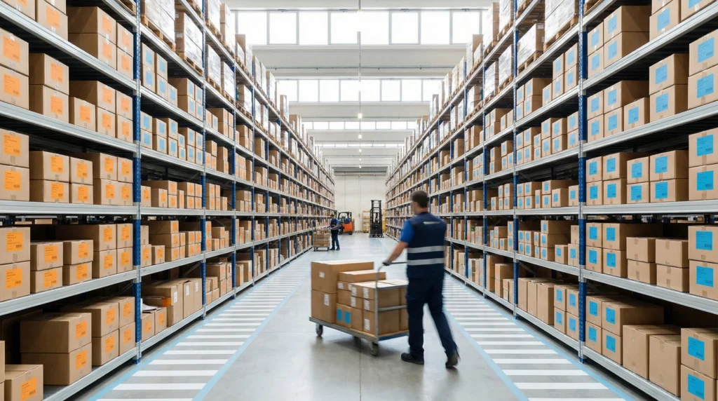 Warehouse aisle with worker and shelves