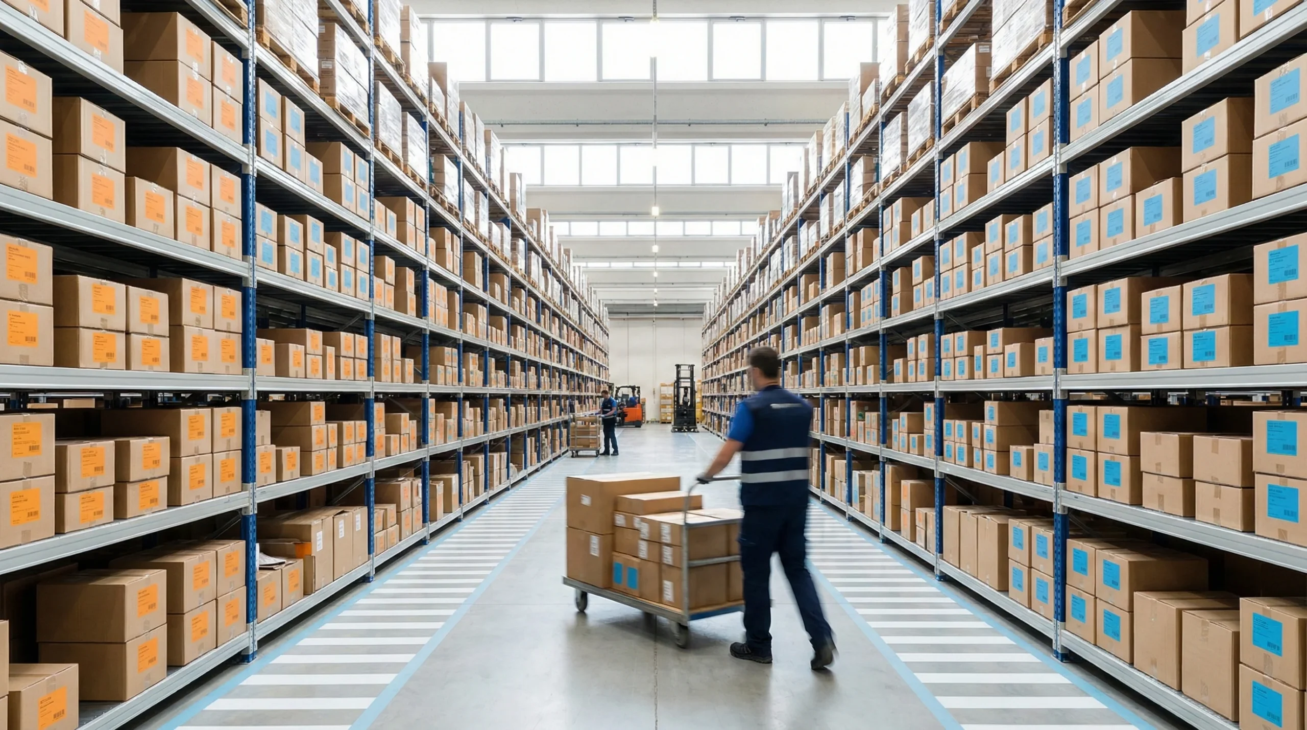 Warehouse aisle with worker and shelves
