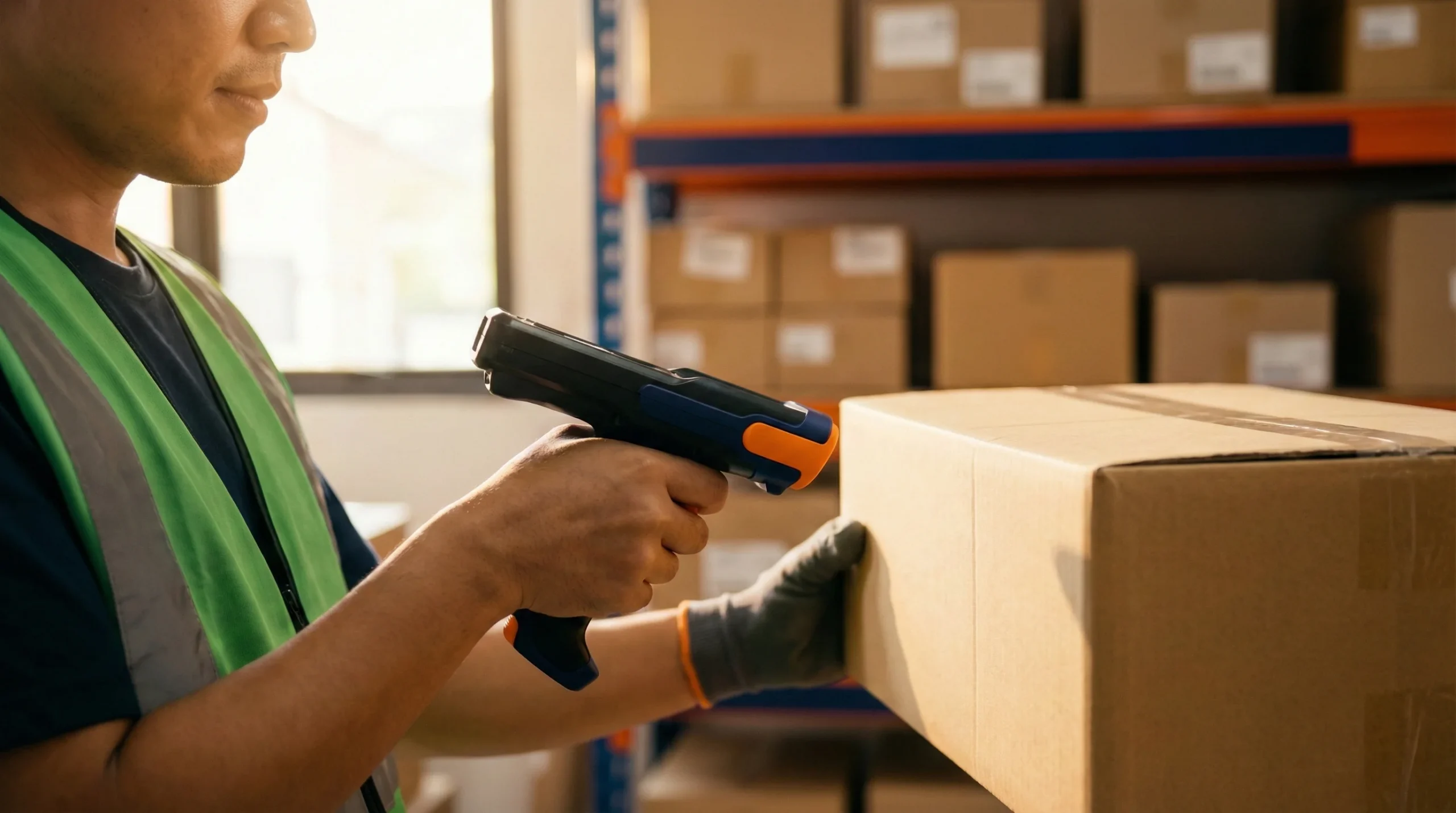 Warehouse worker scanning barcode on package.
