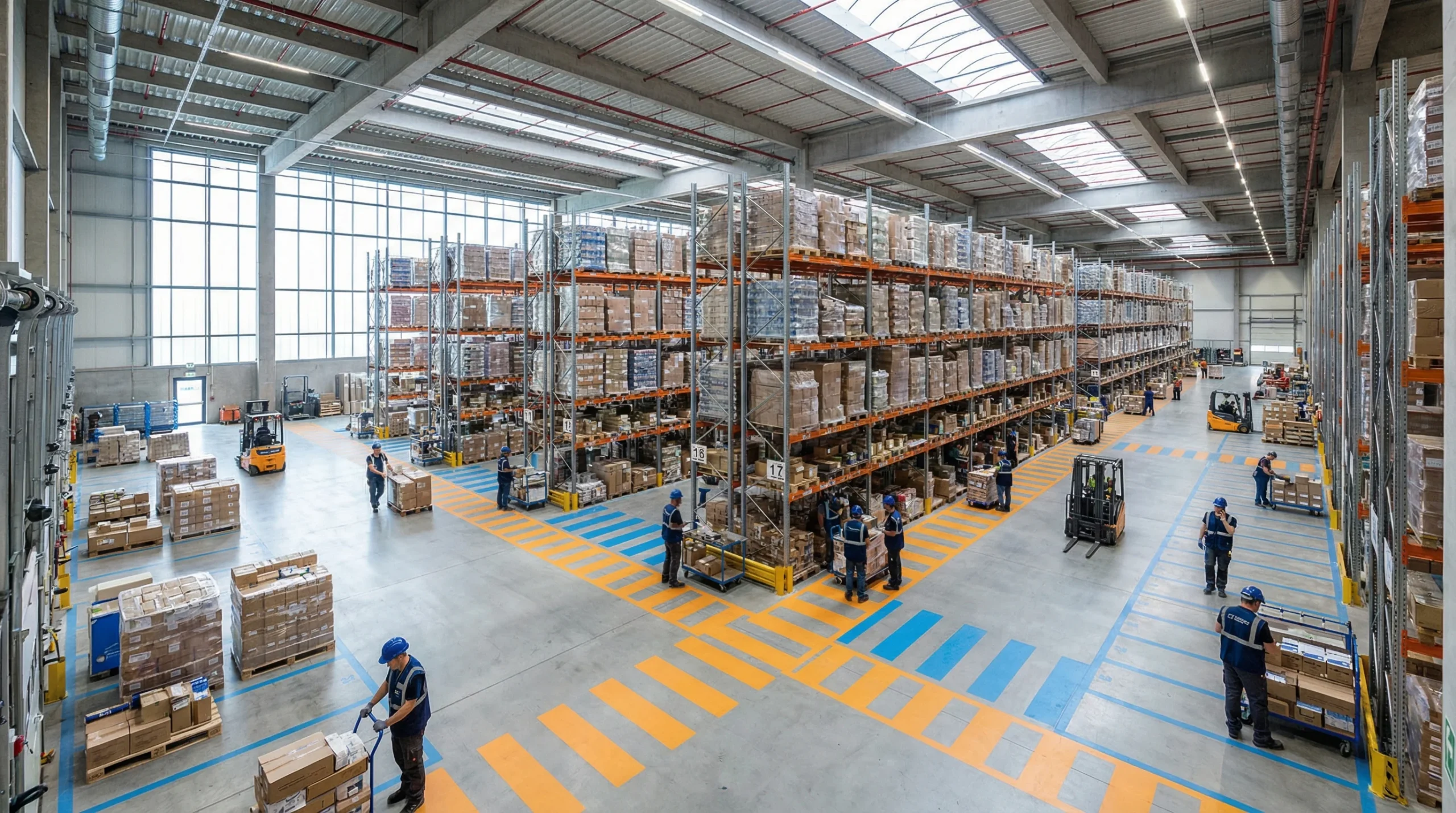 Wide shot of distribution center operations.