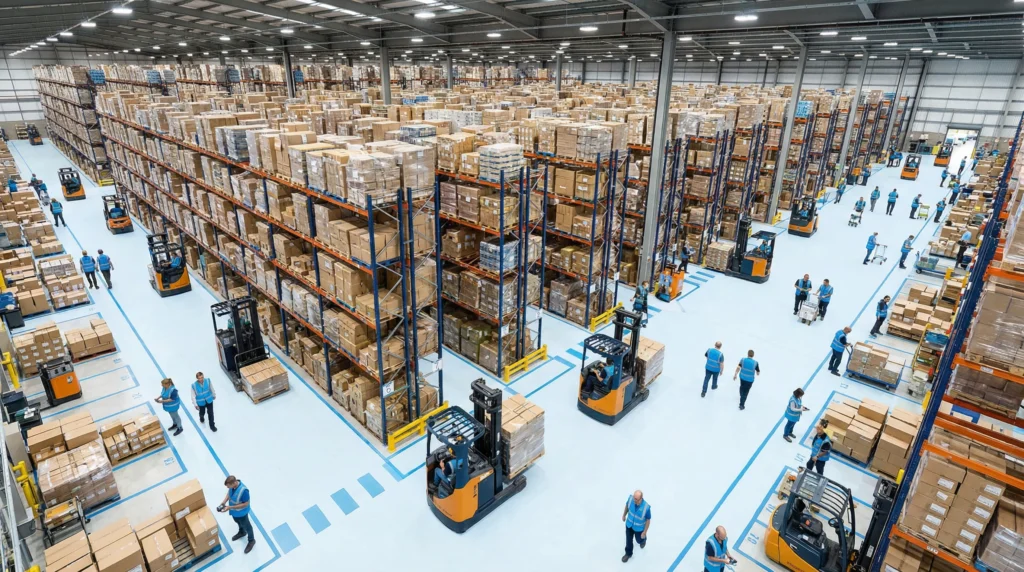 Warehouse floor with forklifts and workers, 866 edi