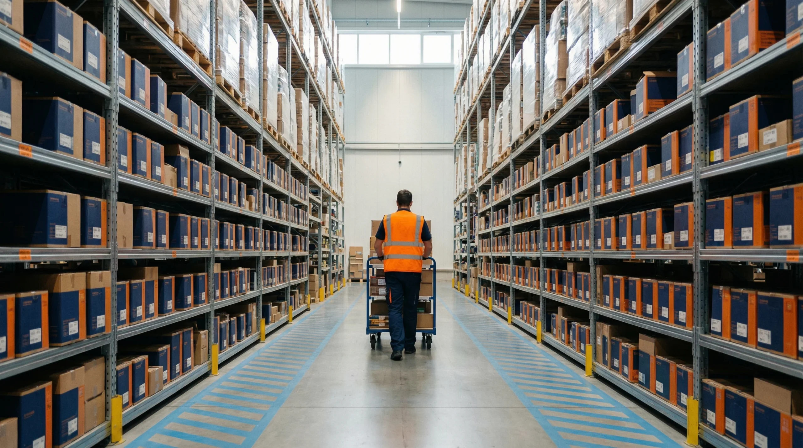 Warehouse aisle with tall shelves, EDI 844.