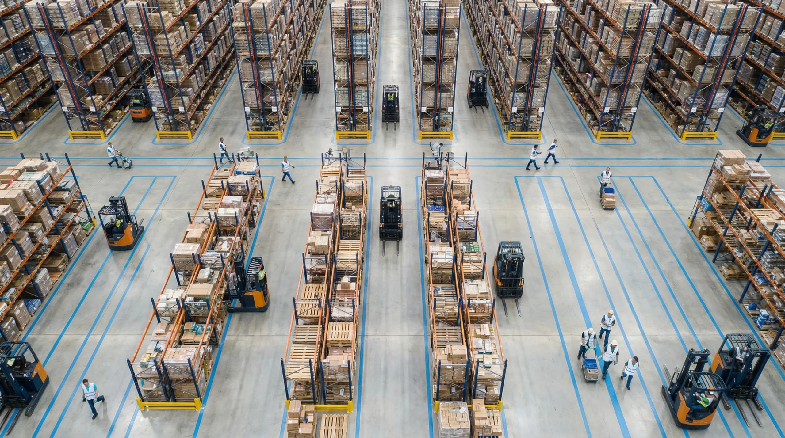 Organized warehouse floor with aisles and forklifts