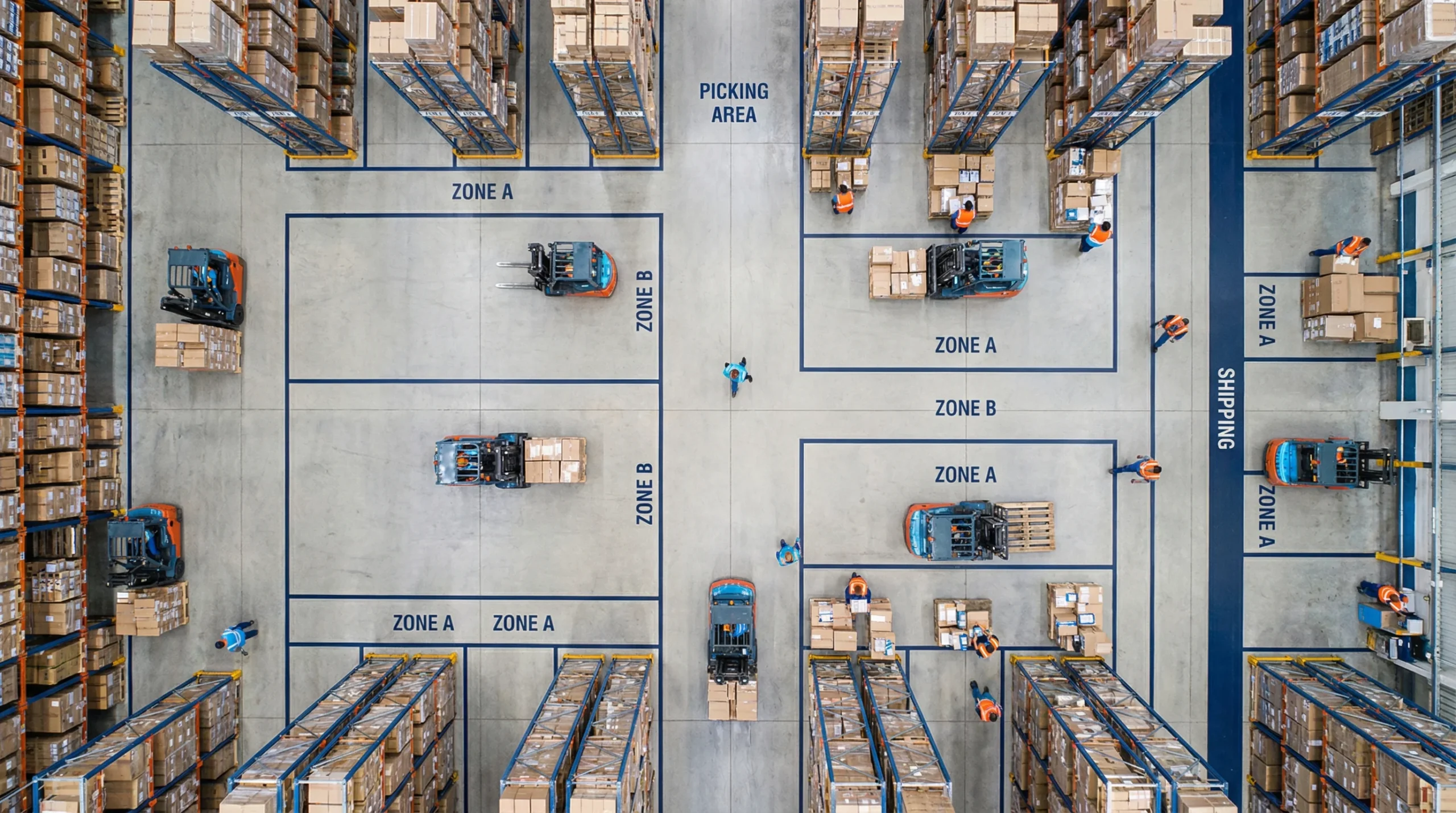 Overhead view of organized warehouse zones