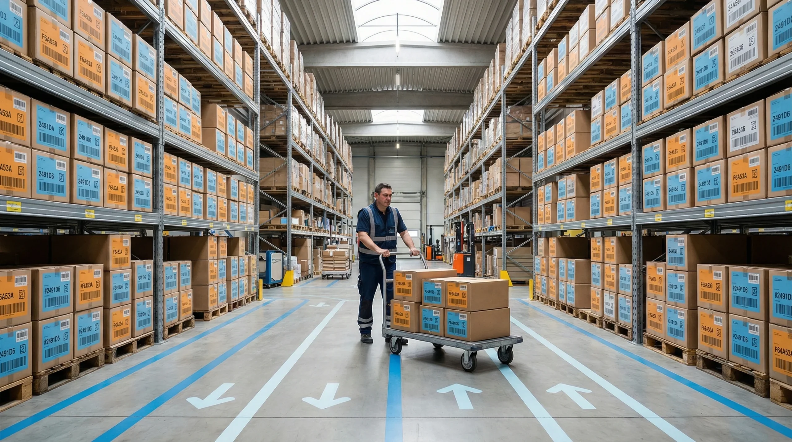 Warehouse aisle with worker and shelves, EDI 860.