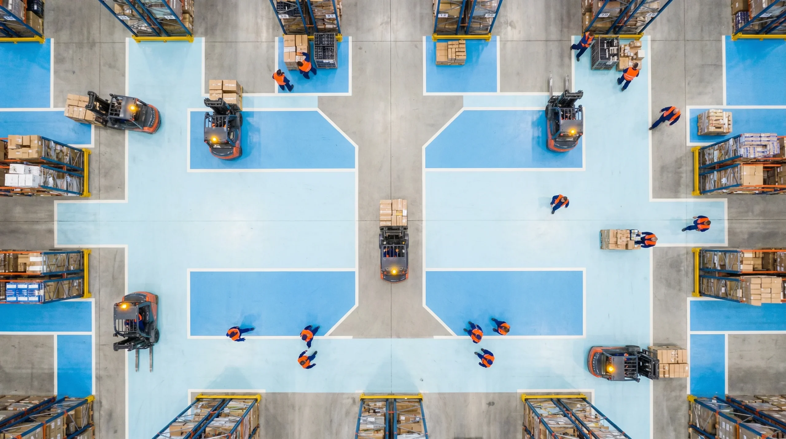 Aerial view of organized warehouse floor.