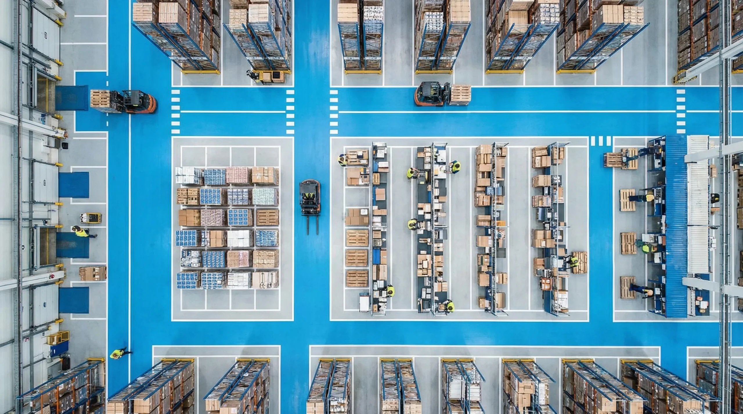 Aerial view of organized warehouse floor.
