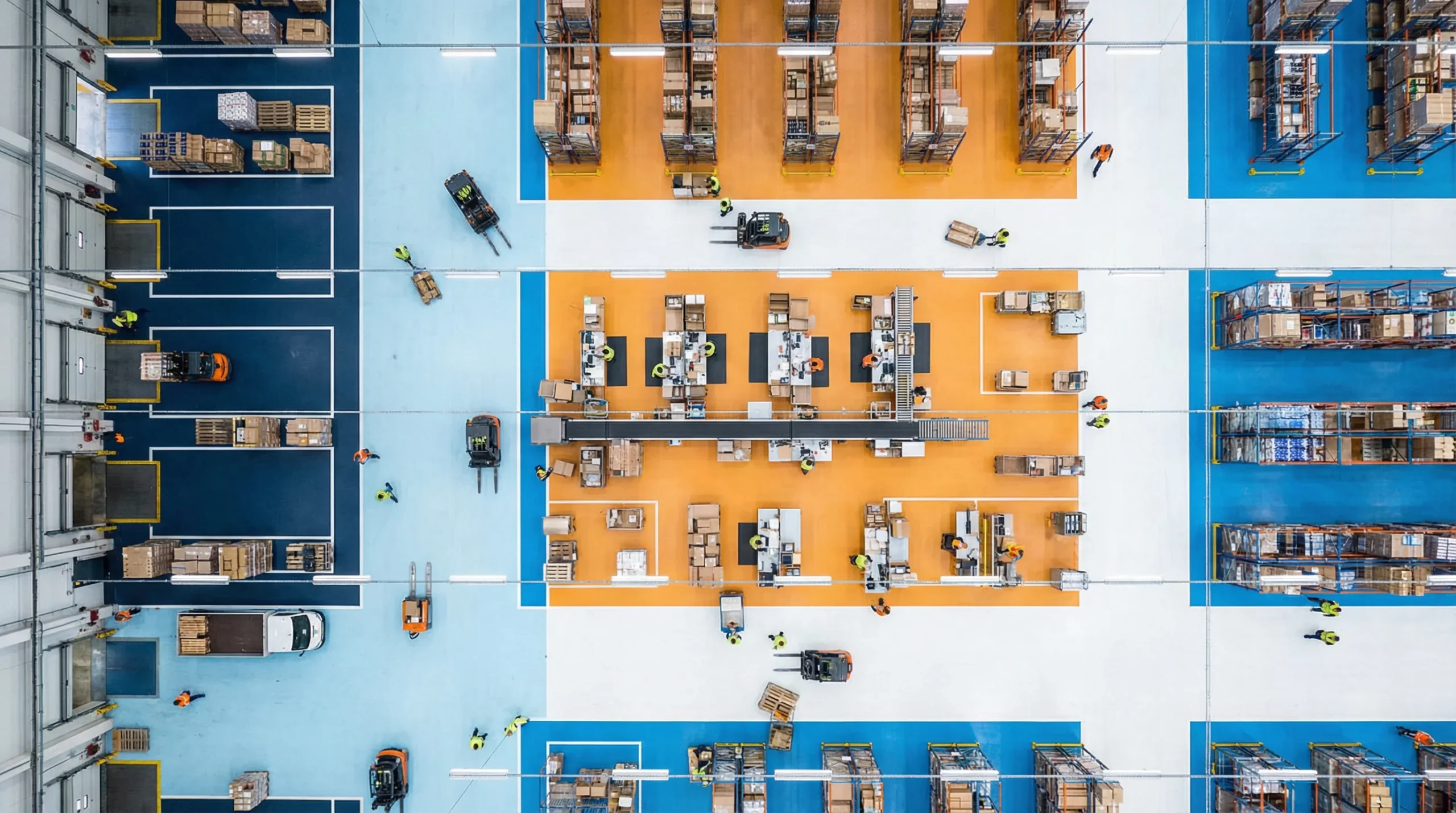 Aerial view of organized warehouse floor