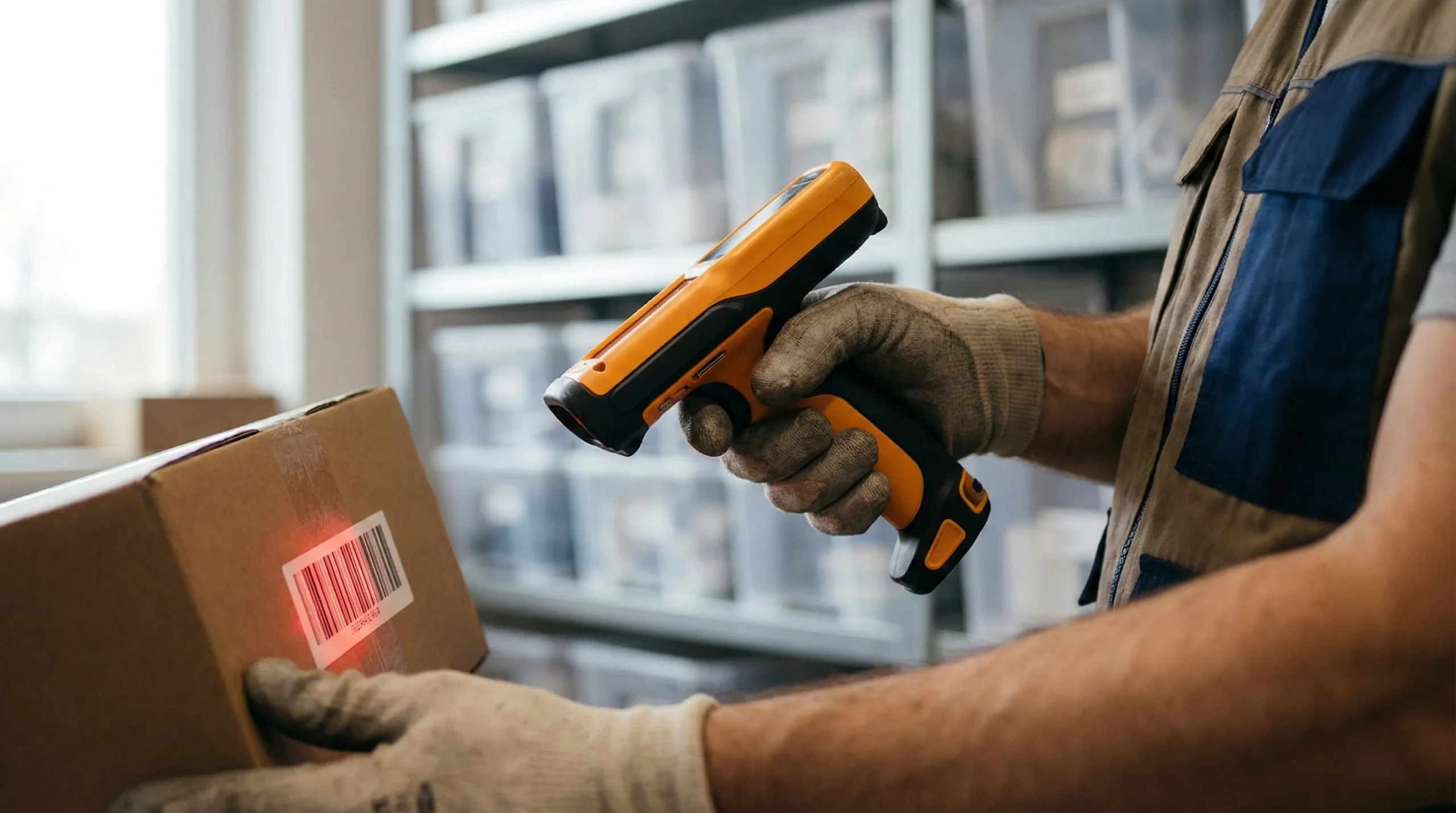 Worker scanning barcode on package