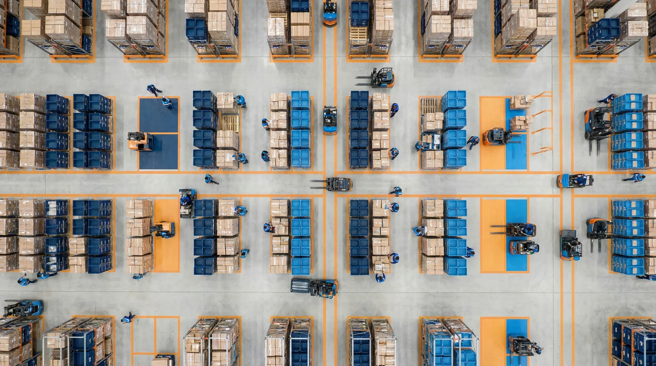 Aerial view of organized warehouse floor.