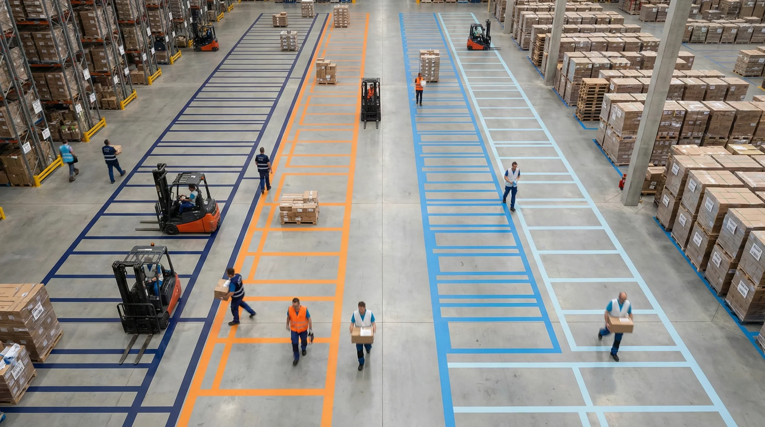 Aerial view of organized warehouse floor.