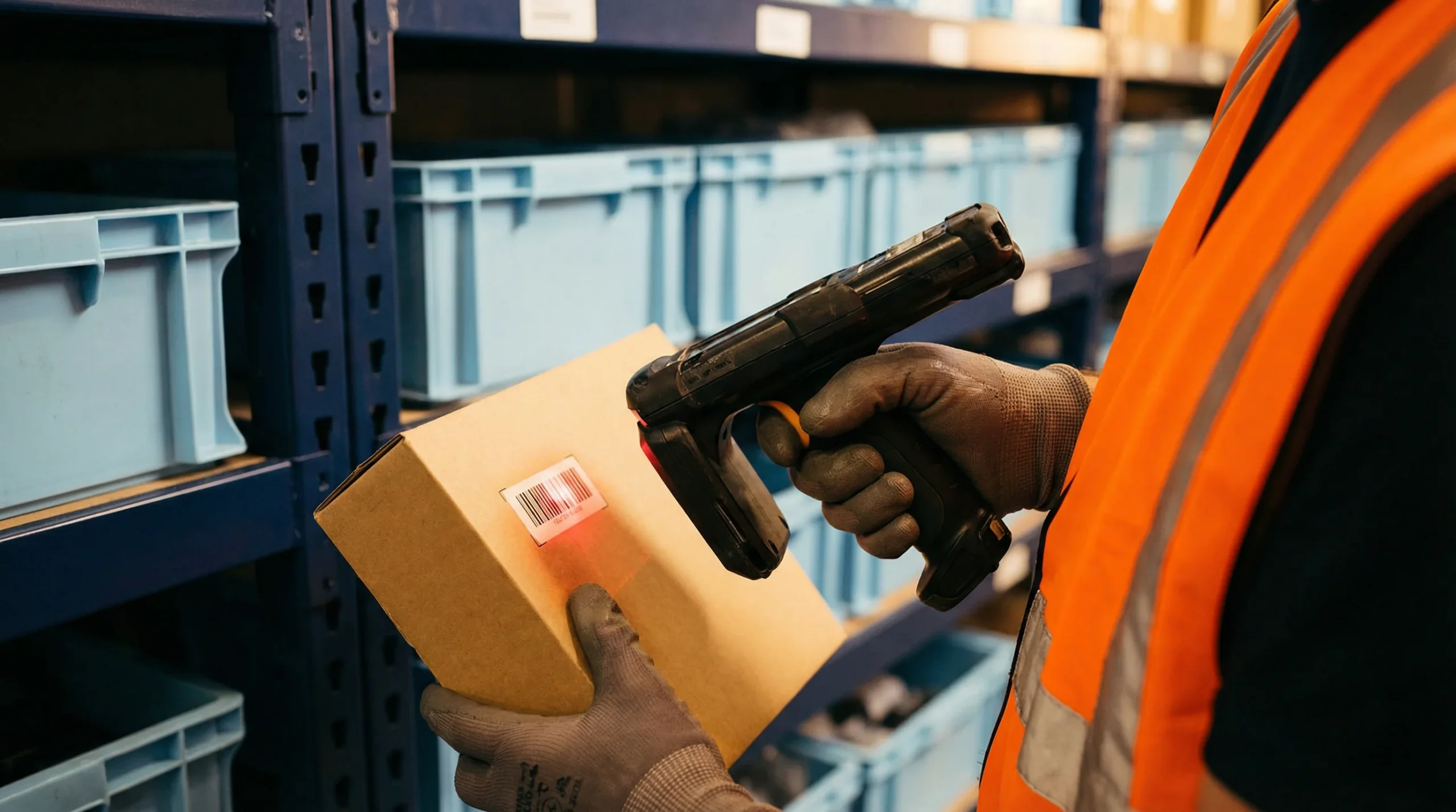 Worker scanning barcode on package.