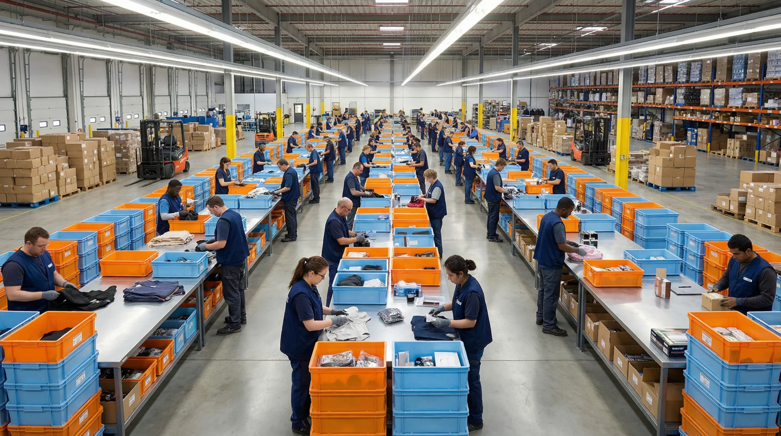 Wide shot of distribution center operations.